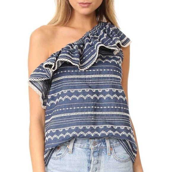 Parker Maple One Shoulder top chambray embroidery ruffle blouse size M - Picture 1 of 9